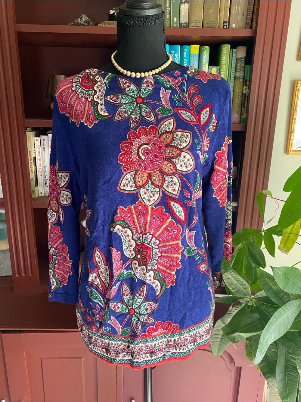 Talbots Royal Blue Floral Paisley 100% Merino Wool Sweater with 3/4 Sleeves